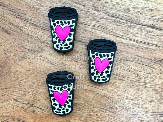 White Leopard Pink Heart Coffee Cup Focal, Valentine's Day Theme Focal Beads, Coffee Focal